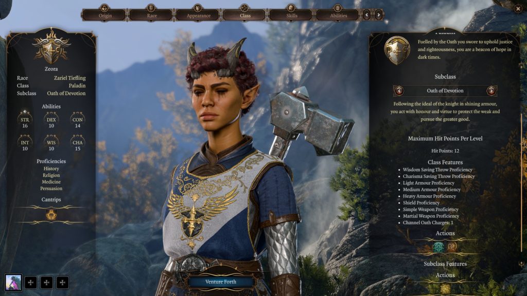 Gameplay screenshot of the Oath of Devotion option in character creation.